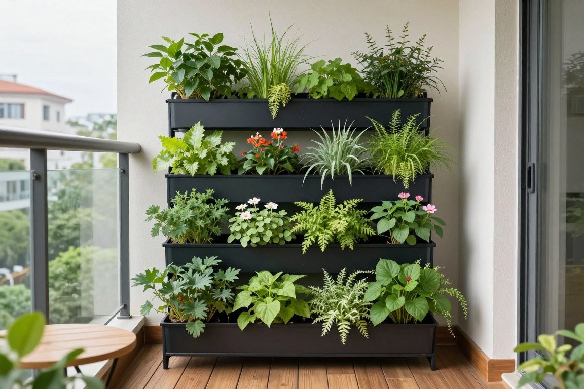 Vertical balcony garden with multiple tiers of plants and flowers arranged on a wall