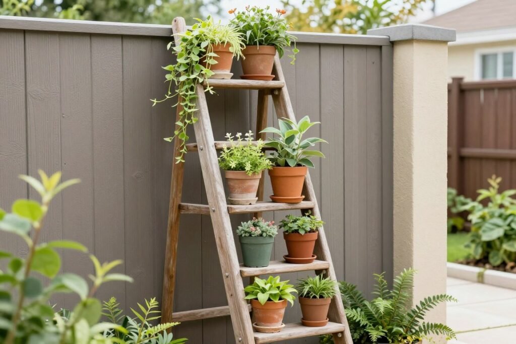 Vertical garden made from a repurposed wooden ladder with potted plants on each step, easy backyard ideas on a budget