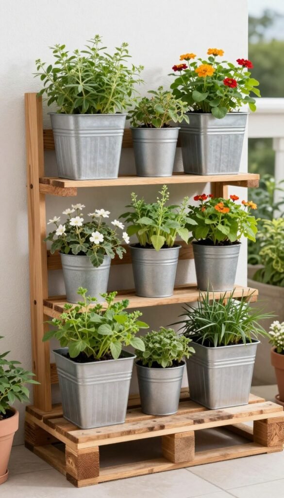 Vertical garden made from a wooden pallet on a small budget patio