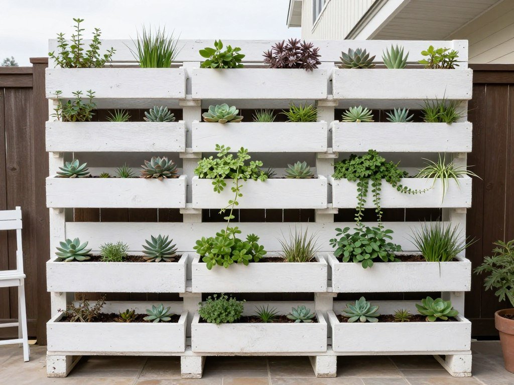Vertical garden made from repurposed materials on a budget patio wall