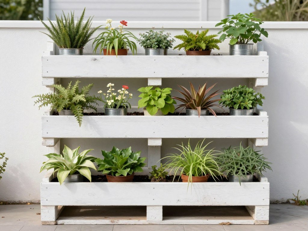 Vertical garden made from repurposed materials with various plants on a budget patio