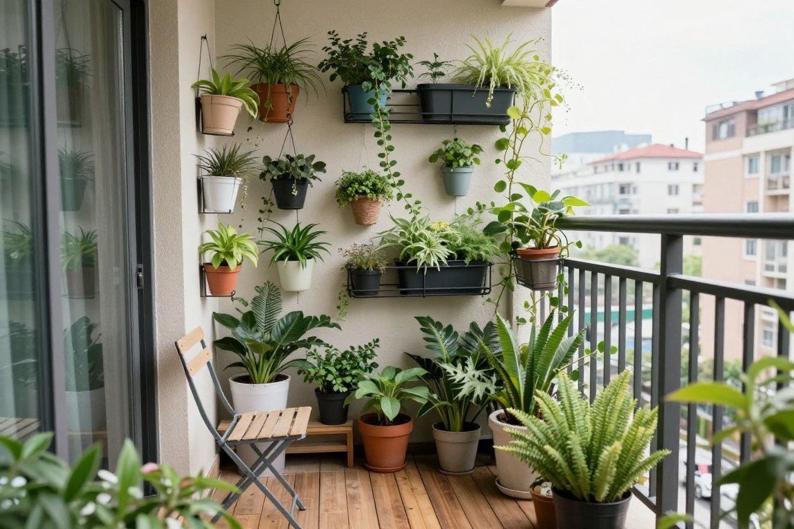 Vertical garden on a mini balcony with hanging planters and wall-mounted pots