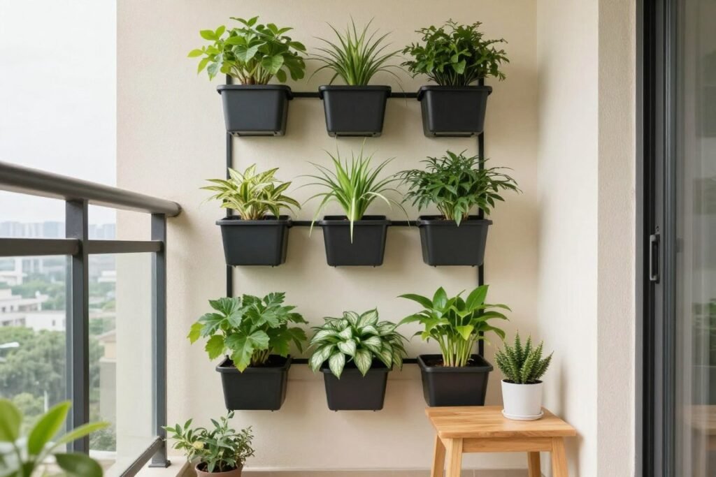 Vertical garden with integrated seating on small balcony Vertical garden with integrated seating on small balcony