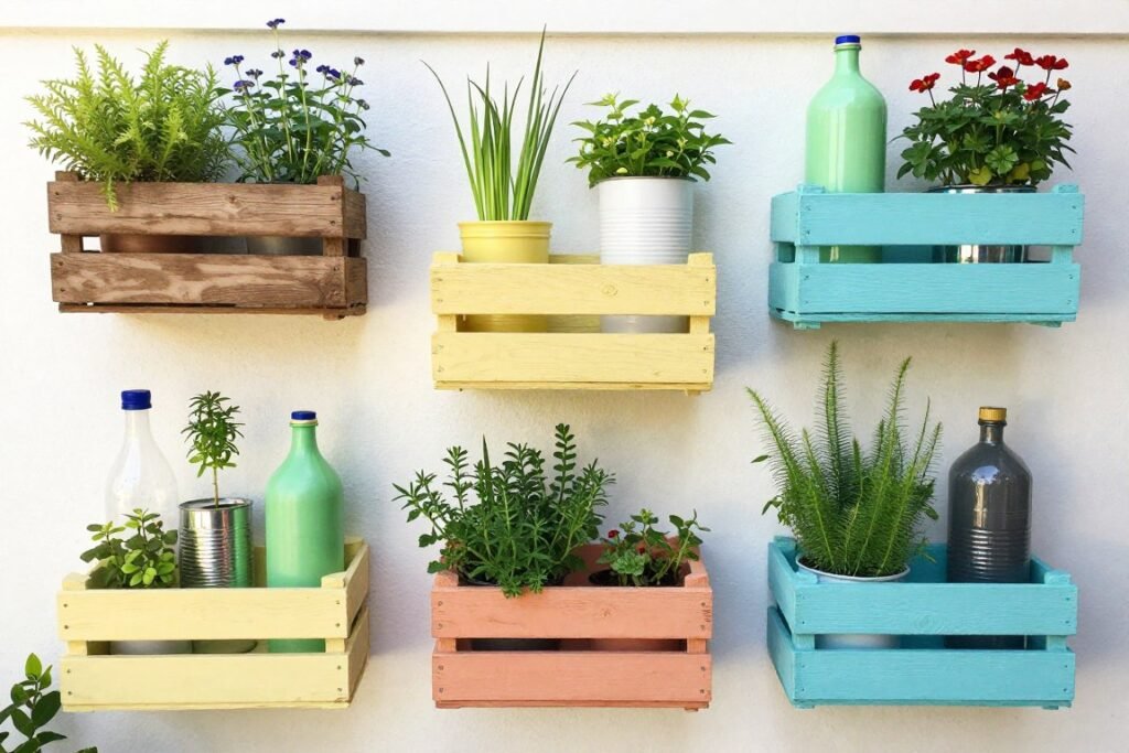 Vertical garden with repurposed containers on a budget patio