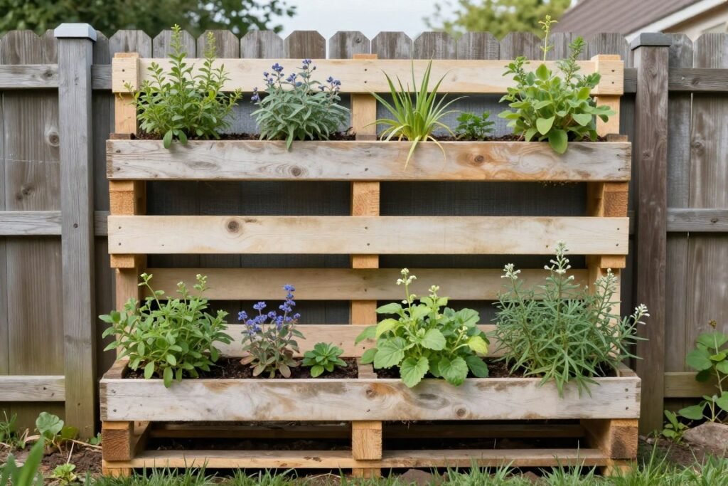 Vertical pallet garden with herbs and flowers attached to a small backyard fence
