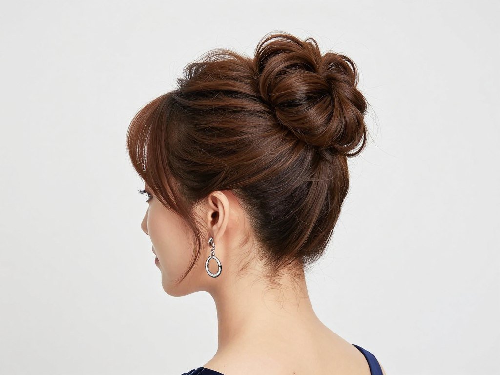 Voluminous high bun wedding guest updo with texture
