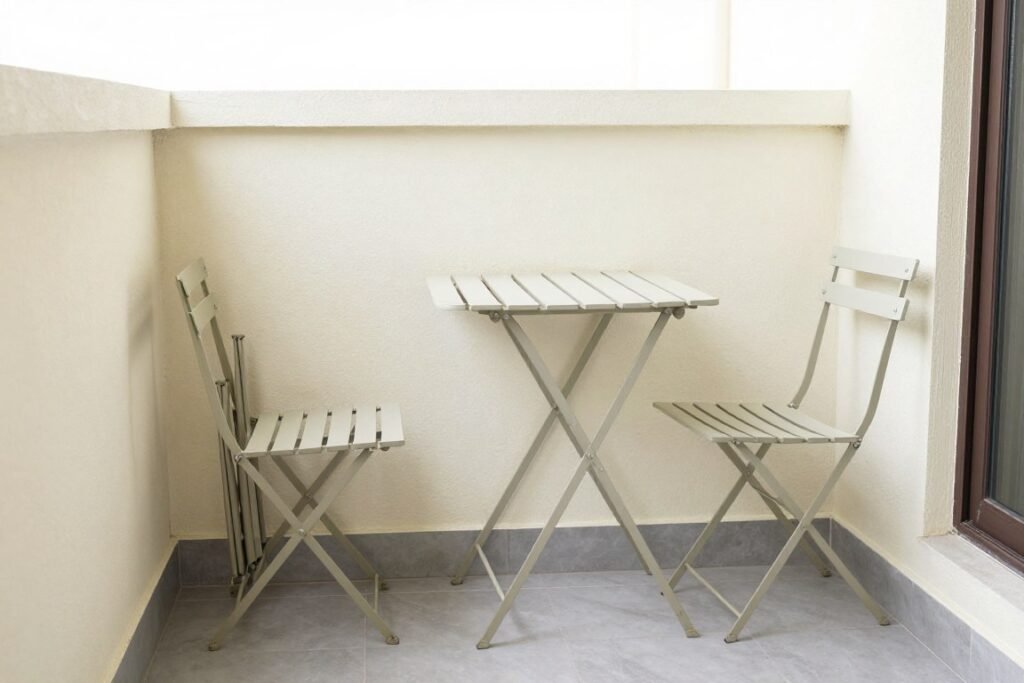 Wall-mounted folding table and chairs on a small balcony