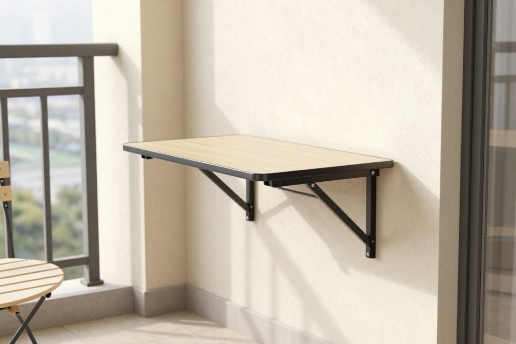 Wall-mounted folding table on small balcony Wall-mounted folding table on small balcony
