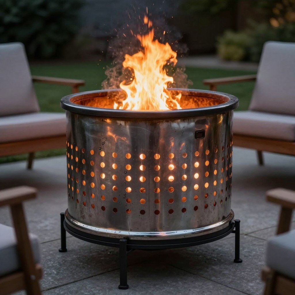 Washing machine drum repurposed as a stylish fire pit, easy backyard ideas on a budget