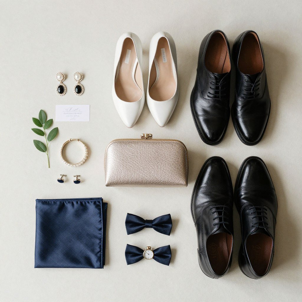 Wedding guest accessories including jewelry, ties, and shoes