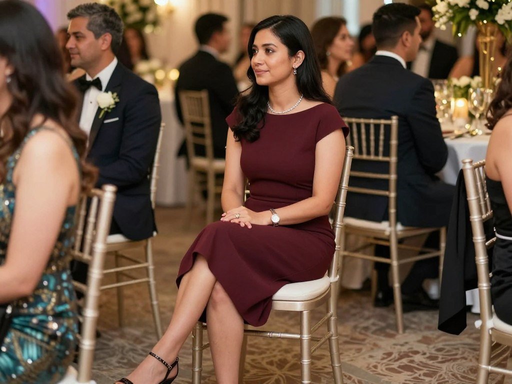 Wedding guest in appropriate cocktail attire at a celebration