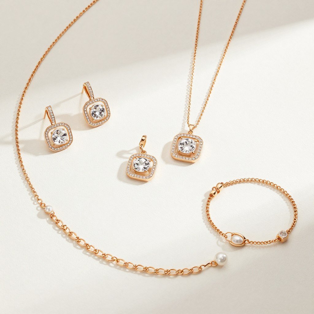 Wedding guest jewelry including statement earrings and delicate necklaces