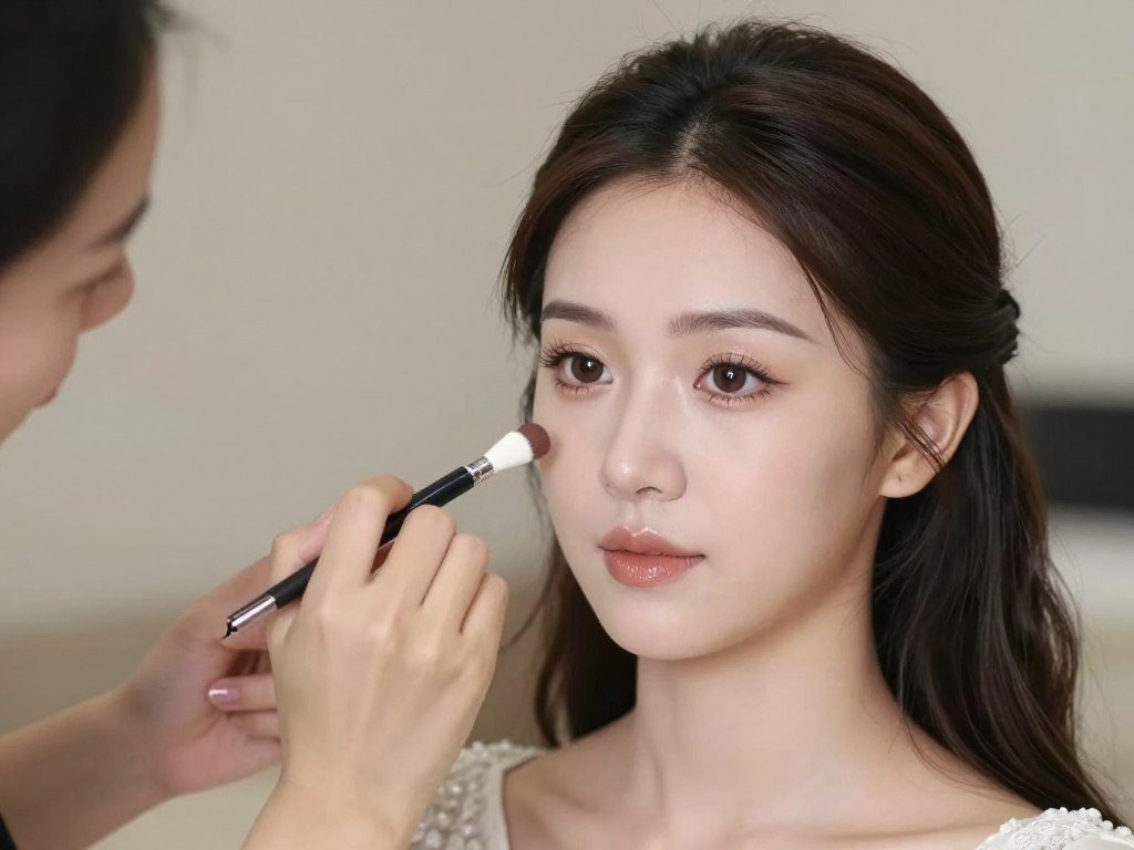 Wedding guest makeup showing final touches with setting spray application