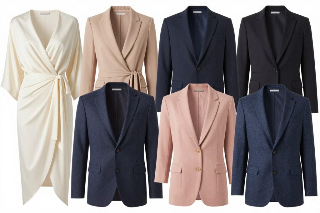 Wedding guest outerwear including elegant wraps and dressy jackets