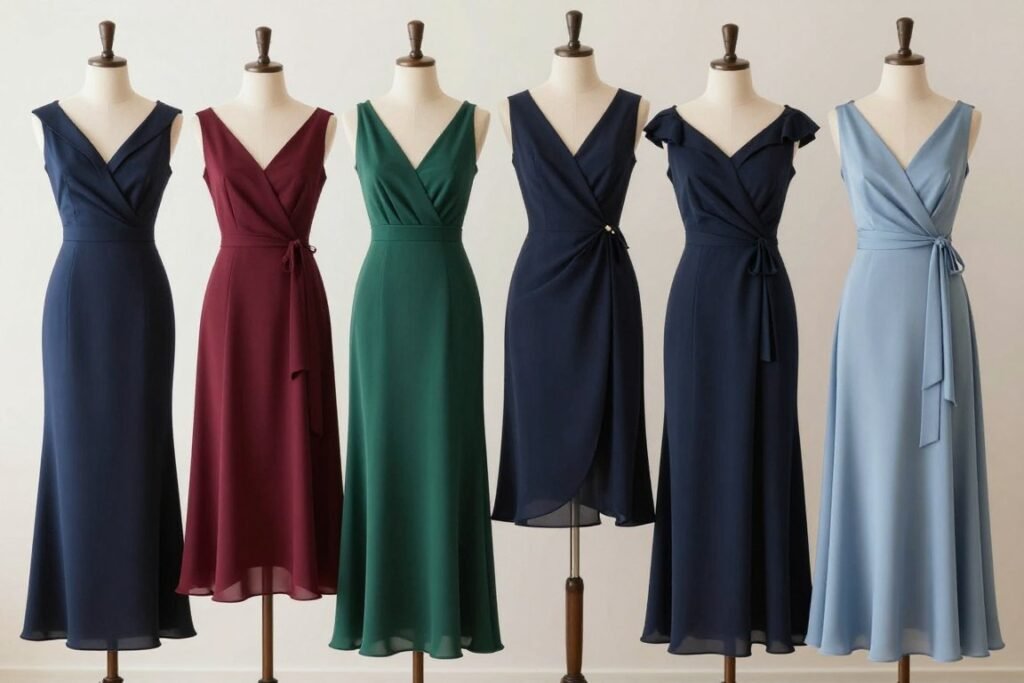 Wedding guest outfit in appropriate colors like navy, burgundy, and emerald