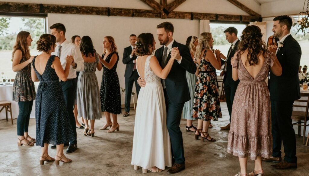 Wedding guests comfortably enjoying a country wedding reception with appropriate attire for the setting