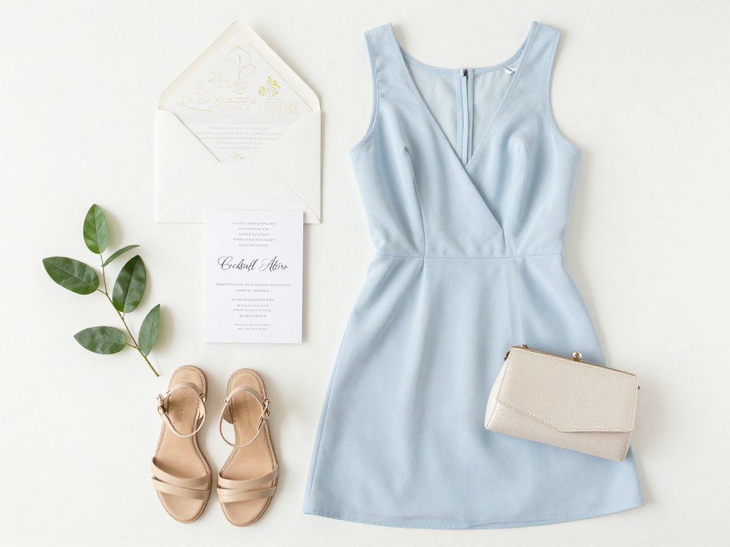 Wedding invitation with dress code 'cocktail attire' displayed alongside a light blue cocktail dress and minimal accessories