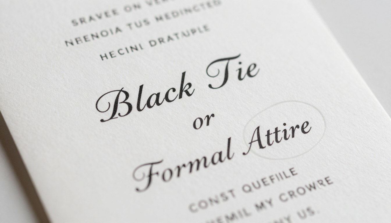 Wedding invitation with formal dress code highlighted