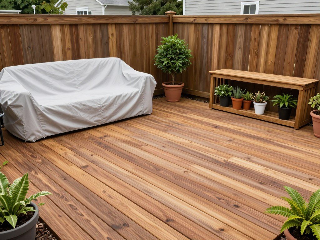 Well-maintained budget patio with furniture covers, sealed surfaces, and organized storage solutions