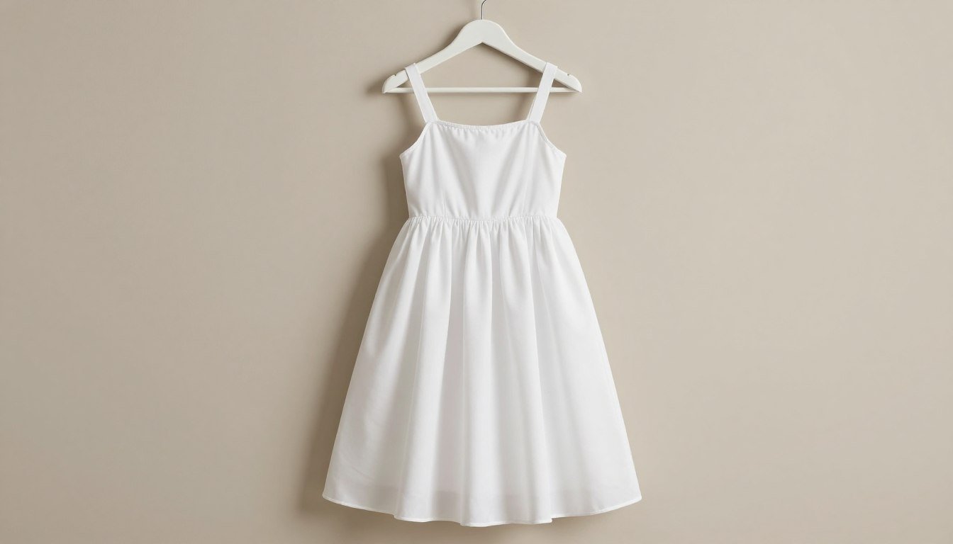White babydoll dress hanging against a neutral background showing its classic silhouette and details