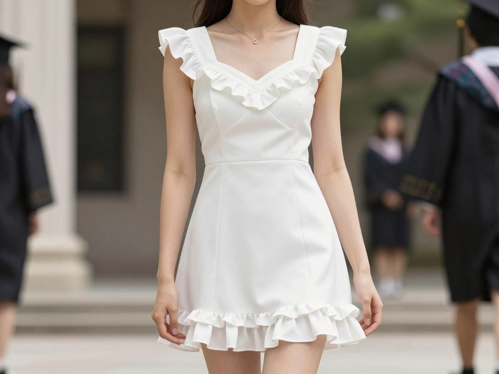 White graduation dress with delicate ruffle details along neckline and hem