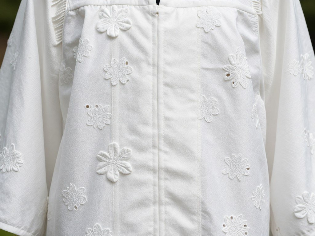 White graduation dress with textured fabric and dimensional details