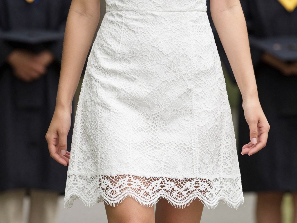 White lace graduation dress with scalloped hem and delicate details