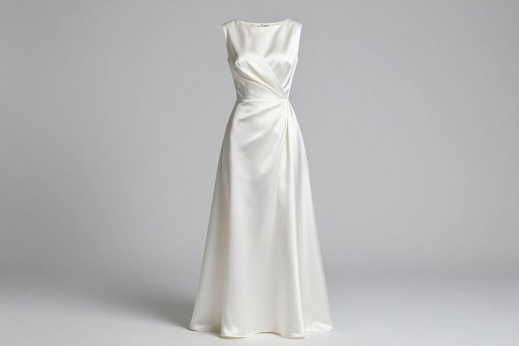 White satin graduation dress with elegant drape