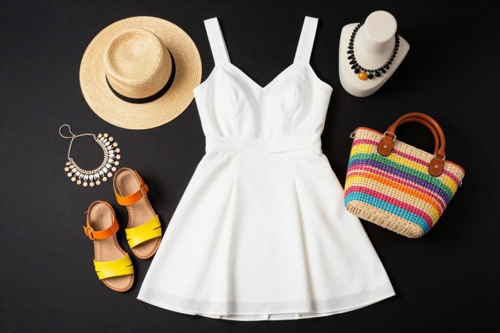 White short summer dress styled with colorful accessories