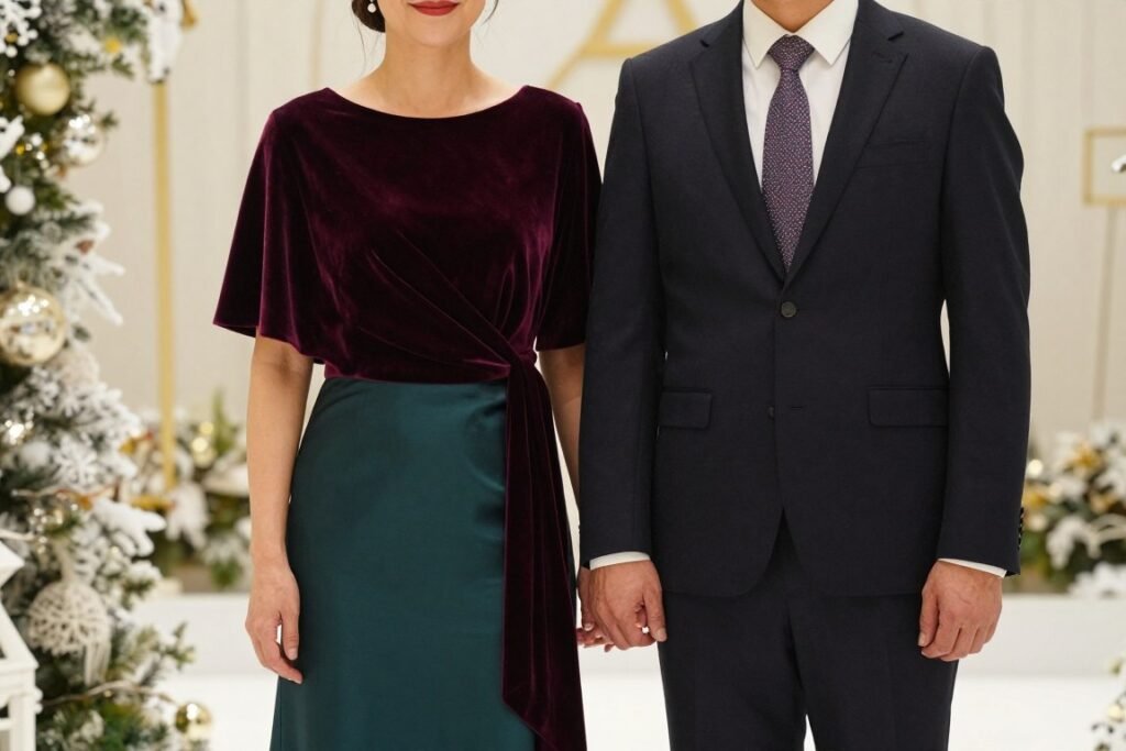 Winter wedding guest attire with rich fabrics