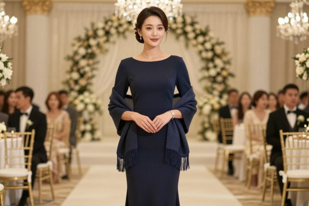Winter wedding guest outfit with long sleeve formal dress