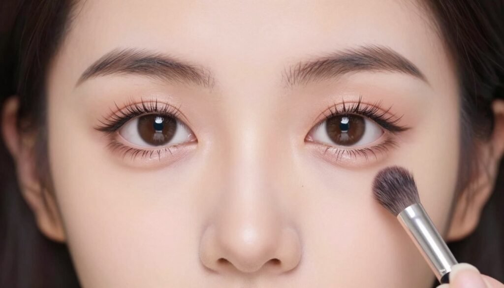 Woman applying babydoll makeup in step-by-step process