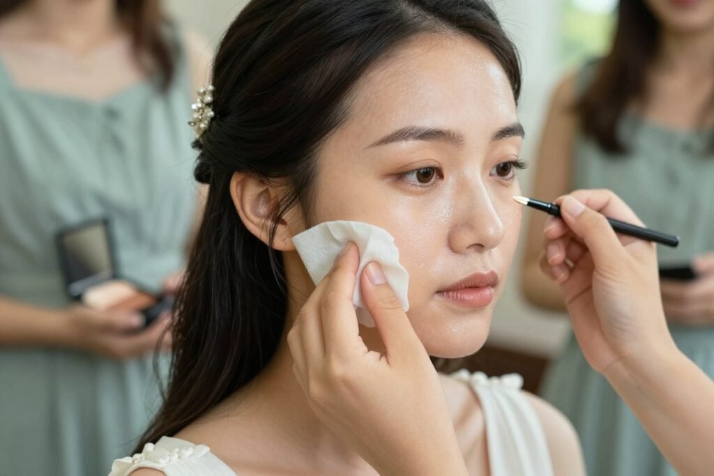 Woman applying blotting paper to manage shine in summer heat