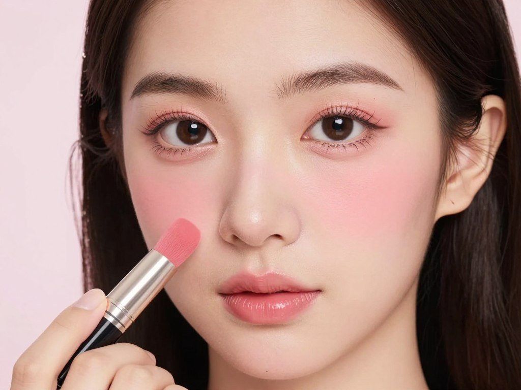 Woman applying blush for babydoll makeup look