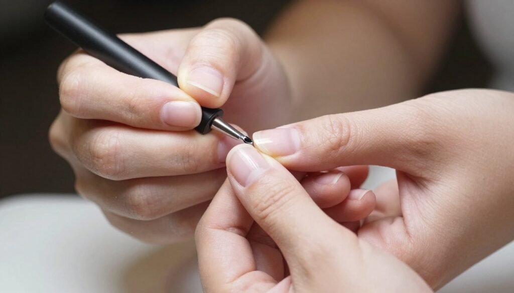 Woman applying top coat to manicure