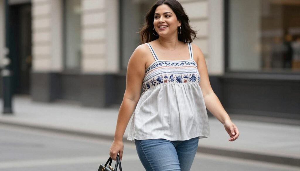 Woman confidently wearing a stylish babydoll top as part of a complete outfit