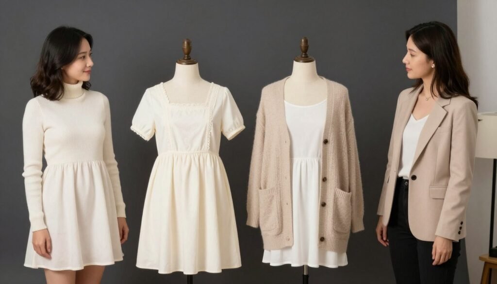 Woman demonstrating different layering techniques with a babydoll dress