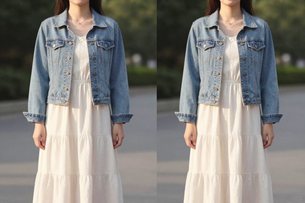 Woman demonstrating layering options with long summer dress