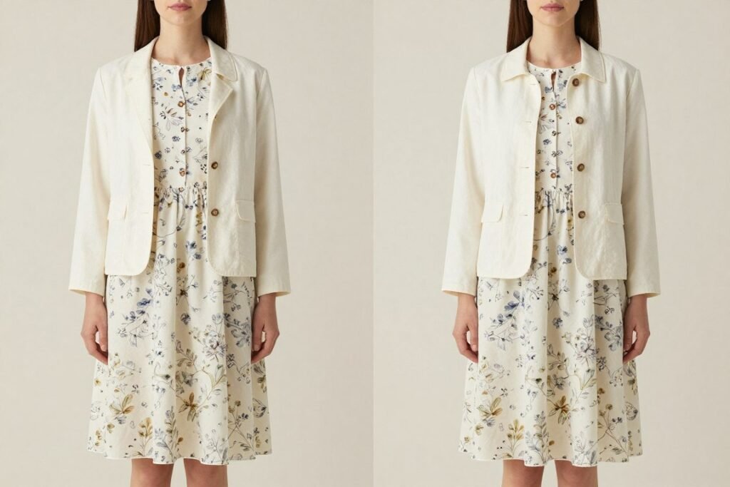 Woman demonstrating layering technique for spring wedding guest outfit Woman demonstrating layering technique for spring wedding guest outfit