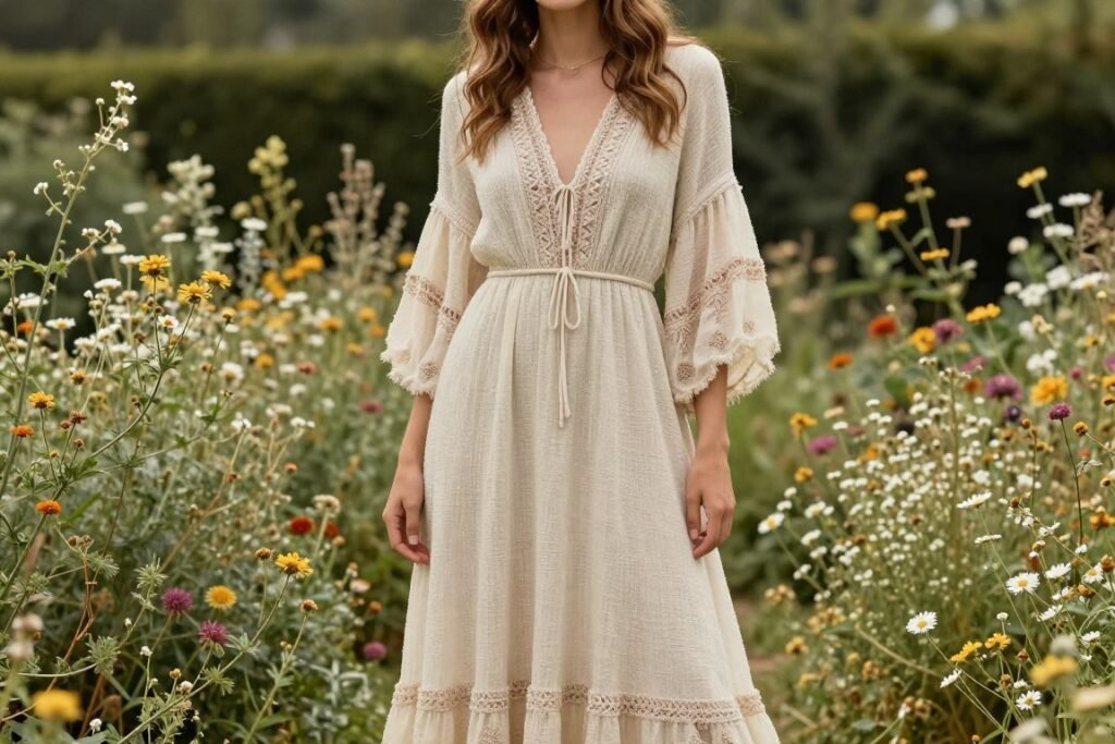 Woman dressed for a rustic garden wedding with bohemian elements
