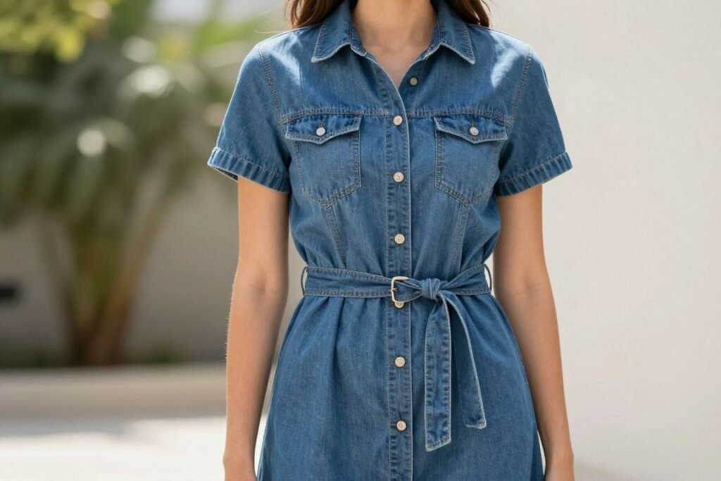 Woman in a belted denim shirt dress with modest length