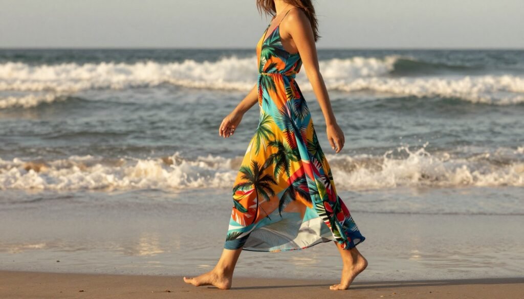 Woman in a colorful beach dress walking along the shoreline