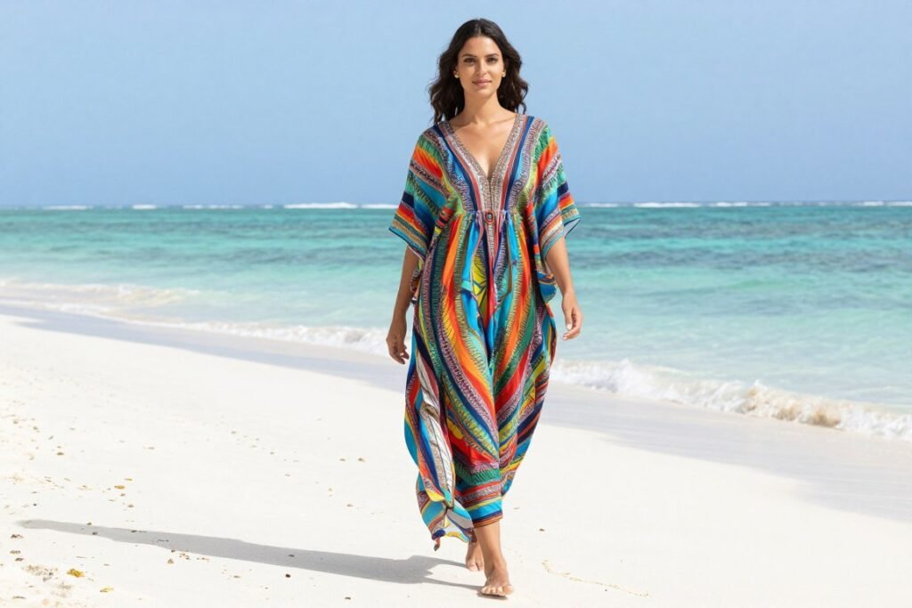 Woman in a colorful kaftan dress walking on the beach