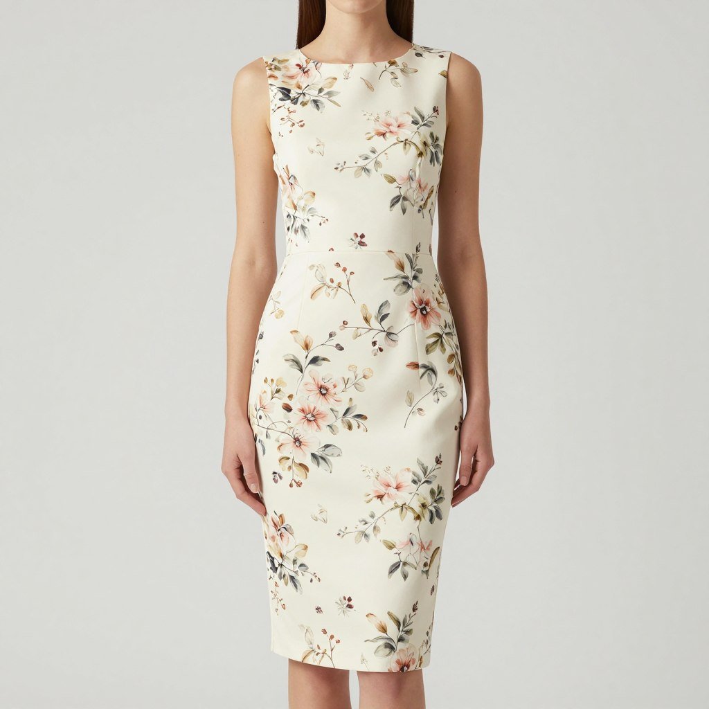 Woman in a fitted floral sheath dress highlighting its streamlined silhouette