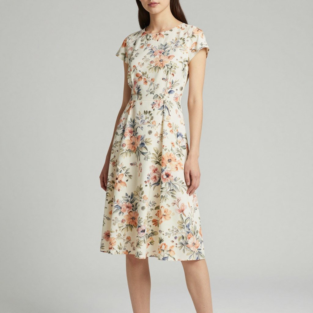 Woman in a floral A-line dress that cinches at the waist and flares gently