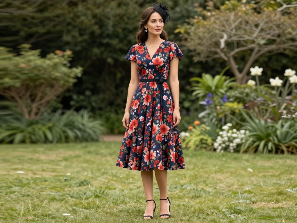 Woman in a floral babydoll midi dress with fascinator and elegant heels