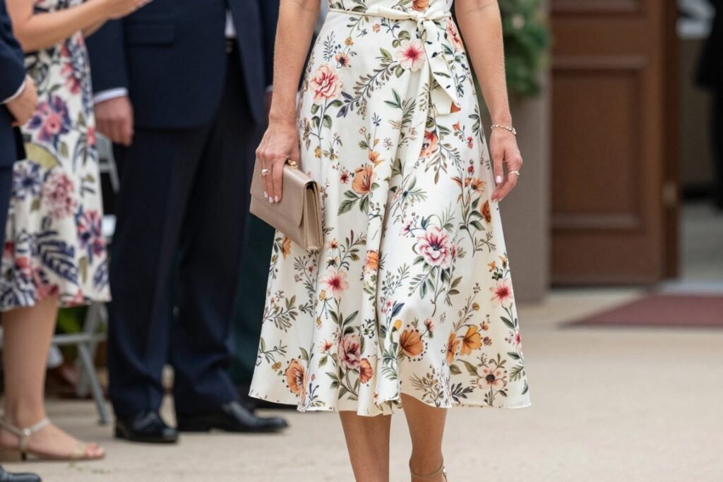 Woman in a floral dress with perfectly coordinated accessories for a wedding