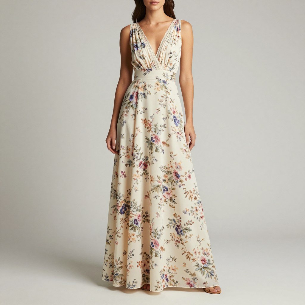 Woman in a floral empire waist dress showing its high waistline and flowing skirt