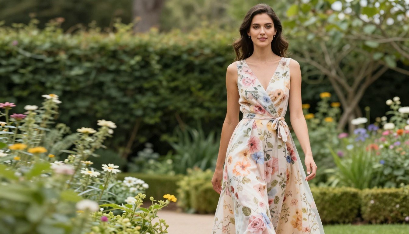 Woman in a floral garden wedding guest dress walking through a manicured garden setting