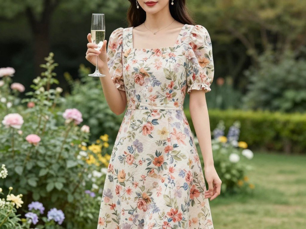 Woman in a floral midi dress at an outdoor garden party setting